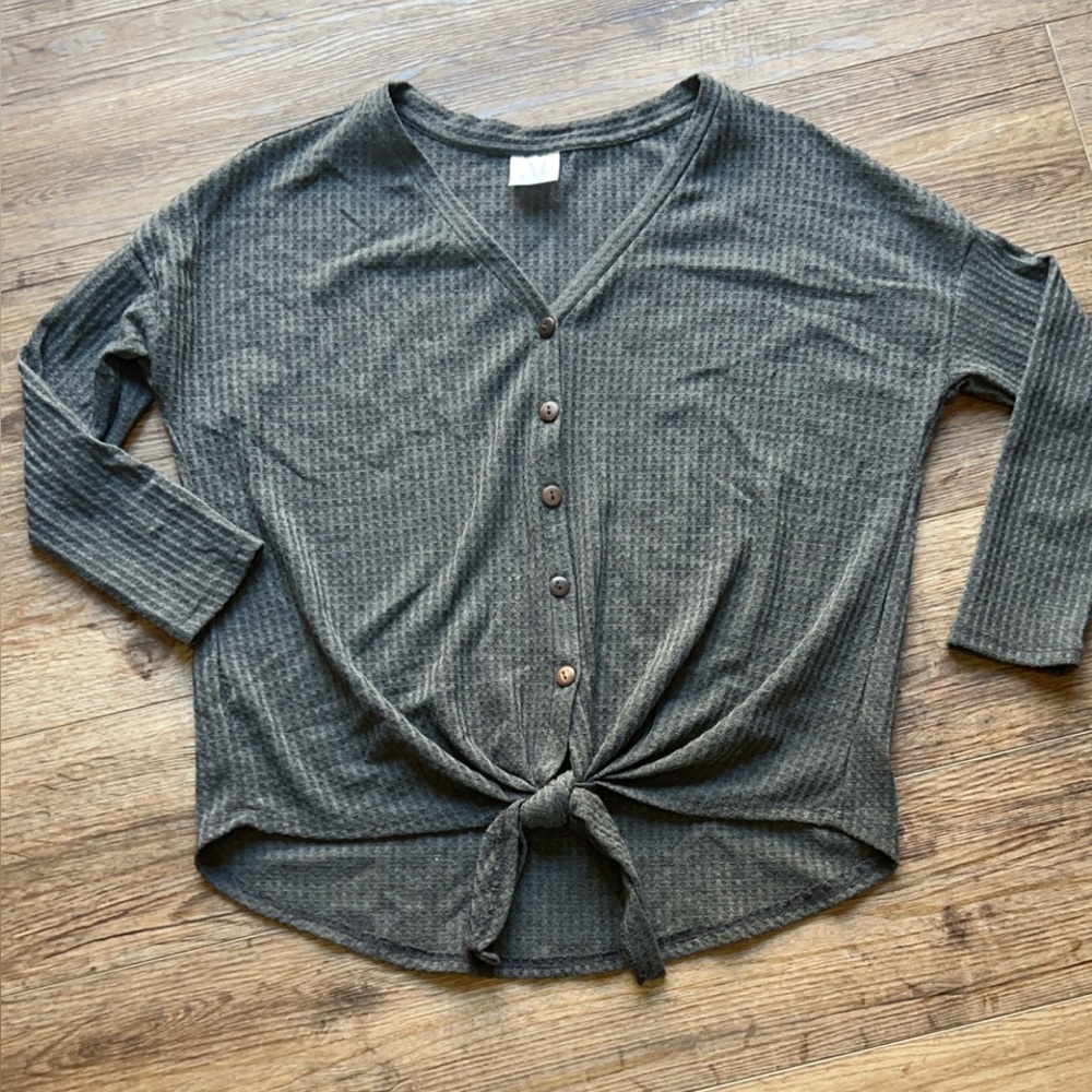 Charcoal V-Neck Buttoned Tie Front Blouse